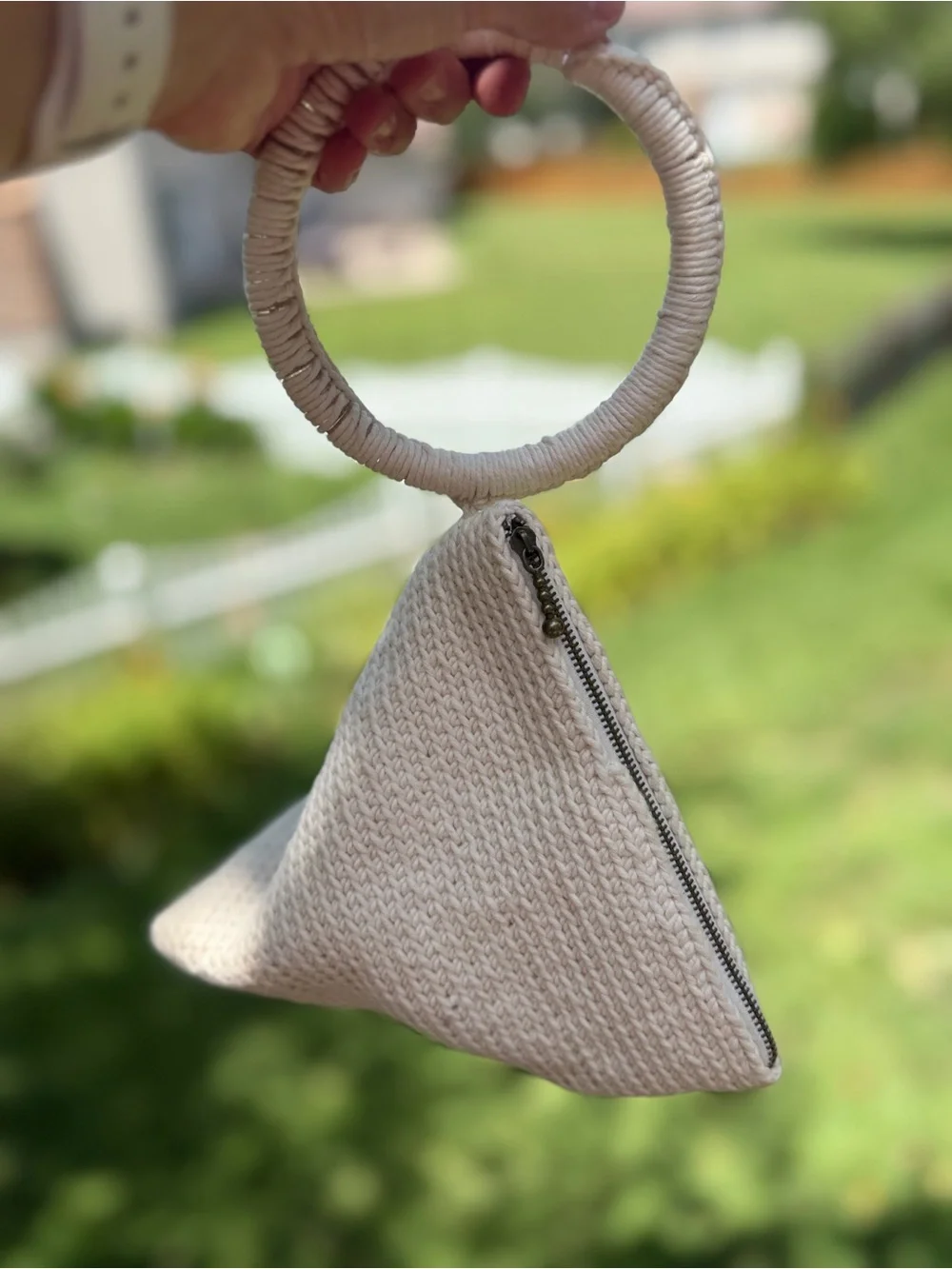 Hand Crafted Cream Woven Triangle Wristlet with Wrapped Ring Handle
